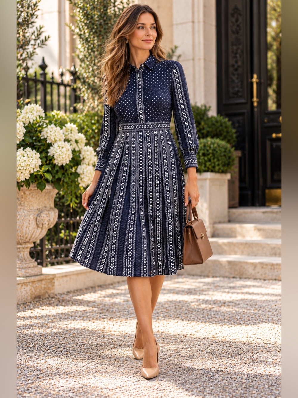 Boden Clemency long sleeve pleated shirt Dress polka dot patterned navy 8